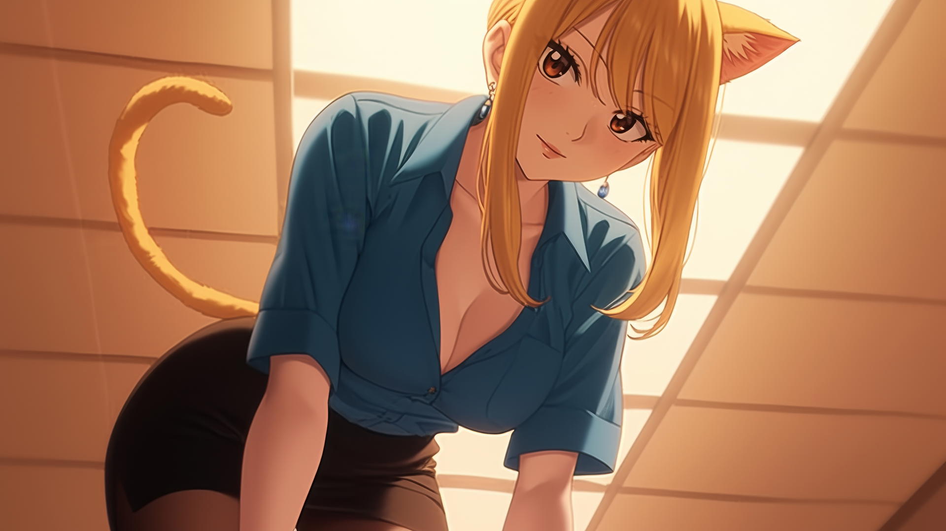 Cat girl in office shirt, warm light, brown eyes, blonde hair, kneeling, looking down.