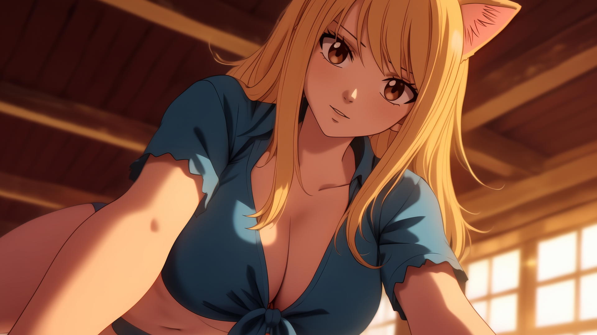 Pink cat girl resembling Lucy Heartfilia leaning down, warm light glow