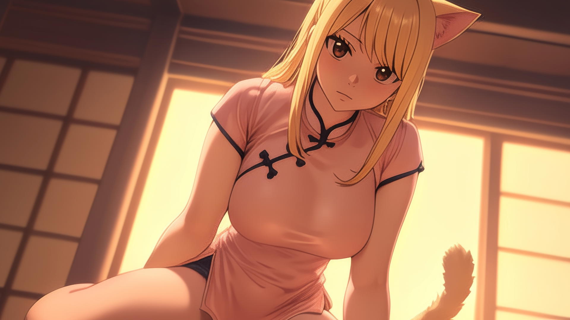 Pink cat girl Lucy Heartfilia with warm light and ceiling background