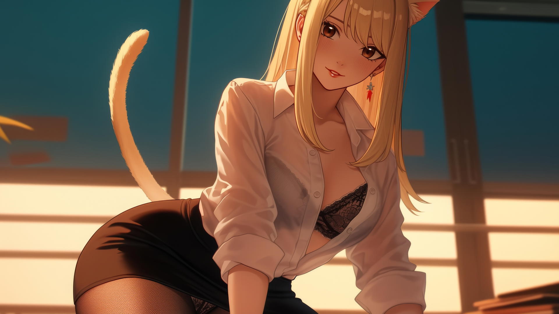 Cat girl with brown eyes and blonde hair kneeling and leaning, seen from below in office shirt with ceiling background