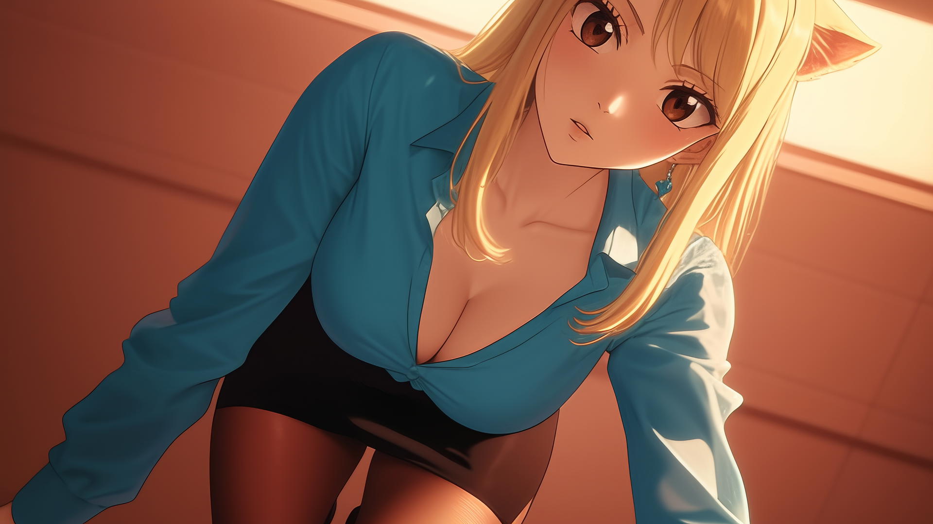 Cat girl in office shirt, kneeling, looking down with warm light and ceiling background