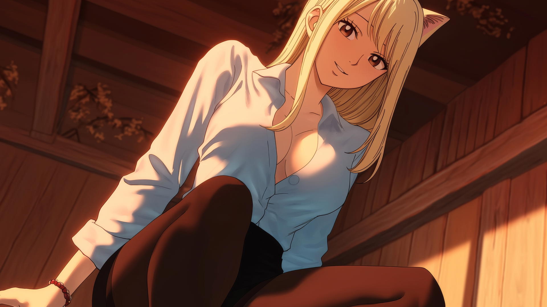 Cat girl in office shirt, kneeling and leaning, Lucy Heartfilia, warm light