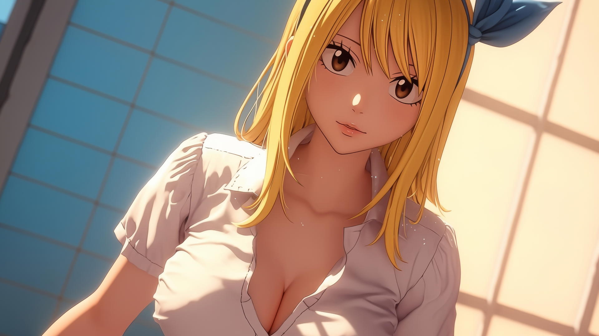 Lucy Heartfilia as nurse, blonde kneeling looks down warmly