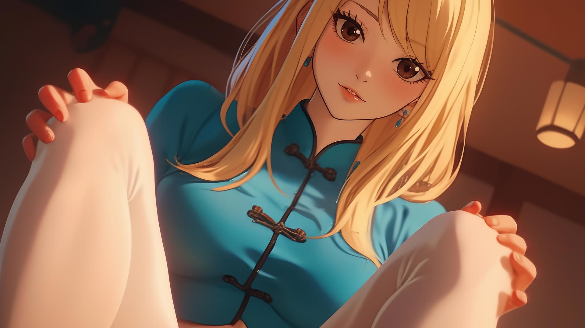 Lucy Heartfilia as a nurse, kneeling and leaning forward, with warm light glow, ceiling background.