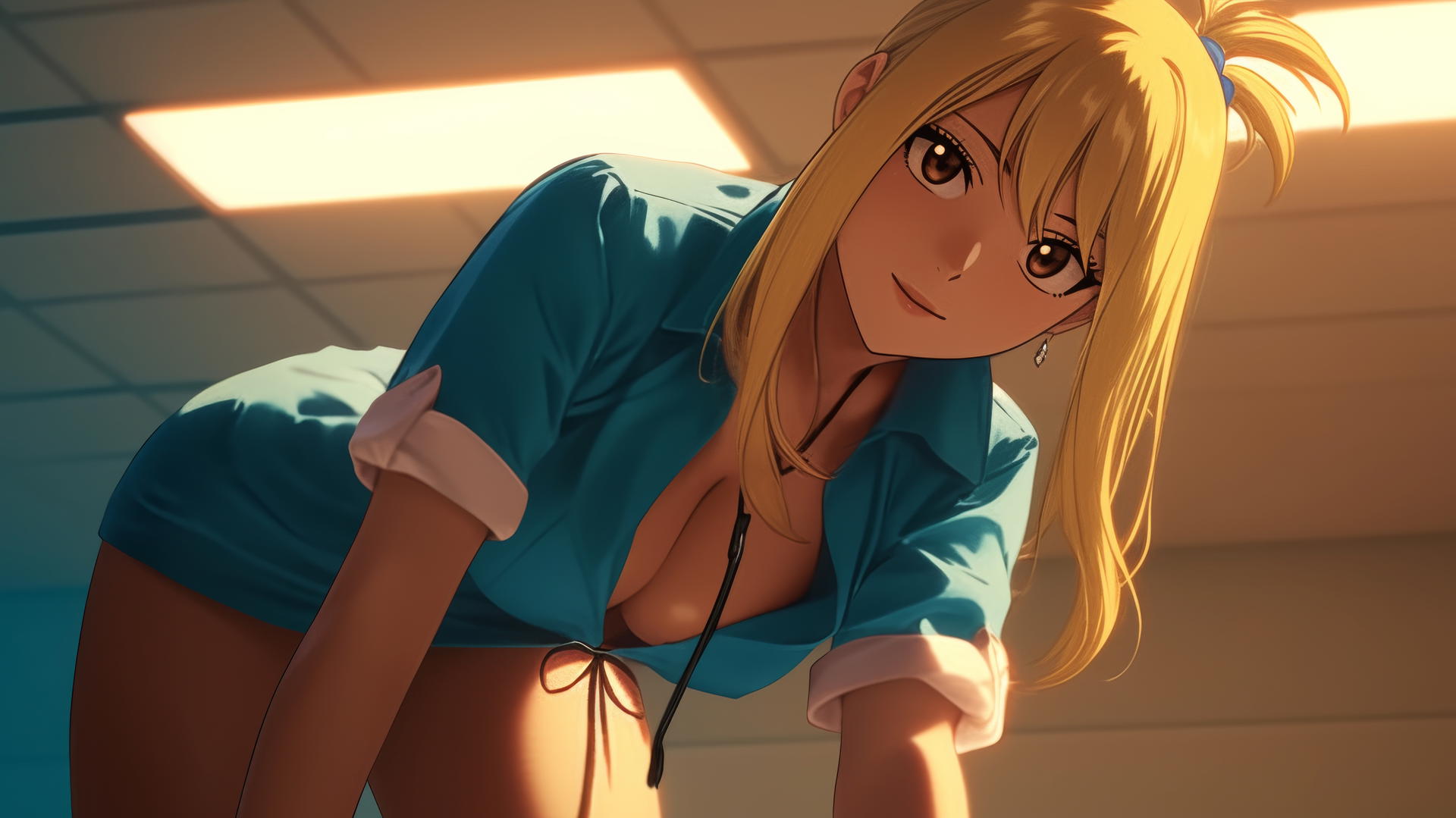 Lucy Heartfilia from Fairy Tail as a nurse, kneeling and looking down, ceiling background