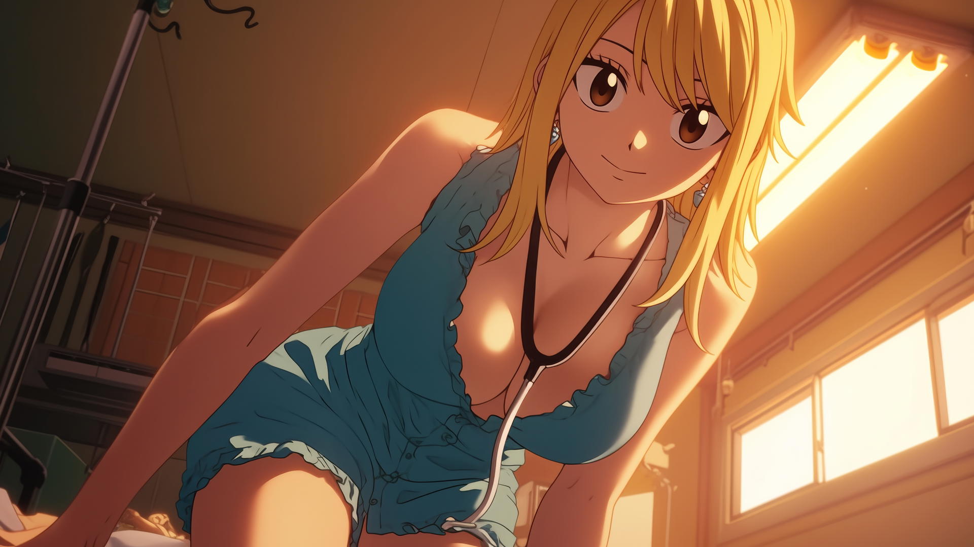 Lucy Heartfilia as a nurse, kneeling and leaning with a warm glow, ceiling background.