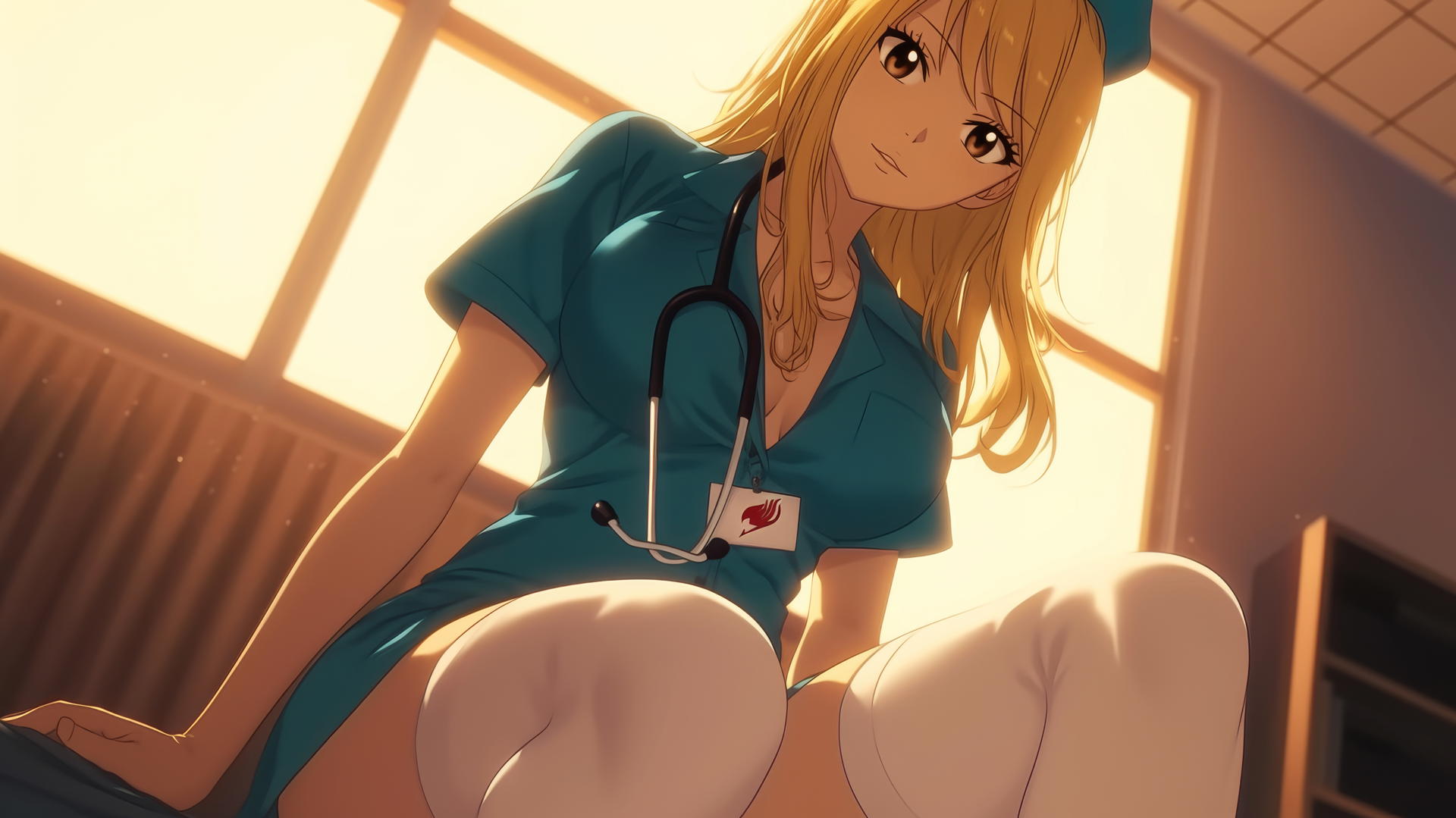 Lucy Heartfilia as a nurse, kneeling and leaning forward in a hospital, with warm light.