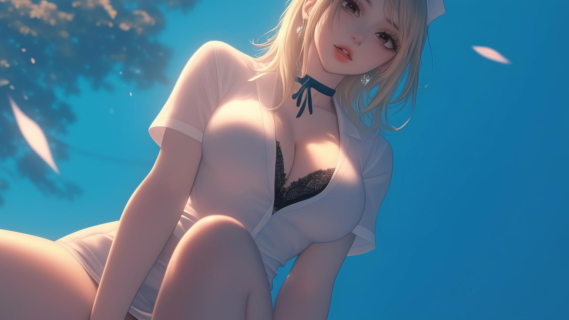 Lucy Heartfilia from Fairy Tail as a nurse, kneeling and leaning toward the viewer, warm light glow