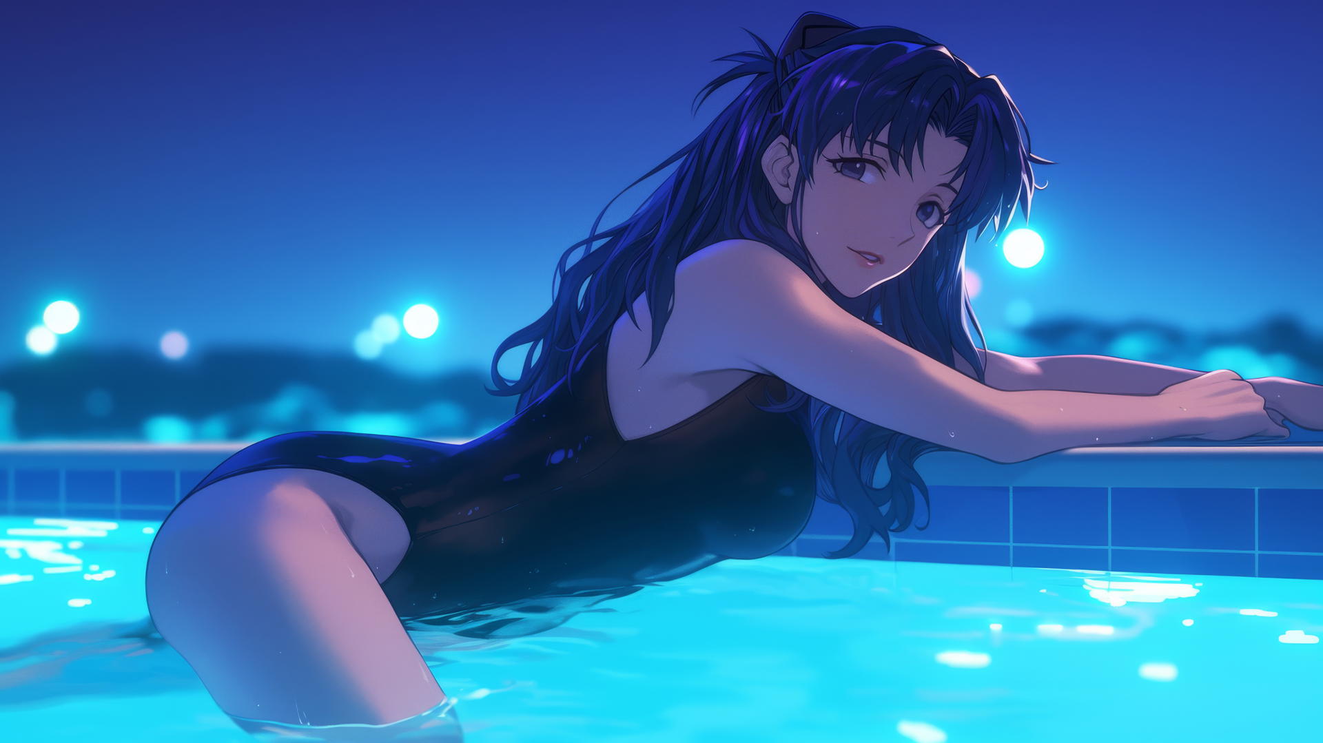 Misato Katsuragi with wavy dark violet hair and dark brown eyes, lit by moonlight at a pool.