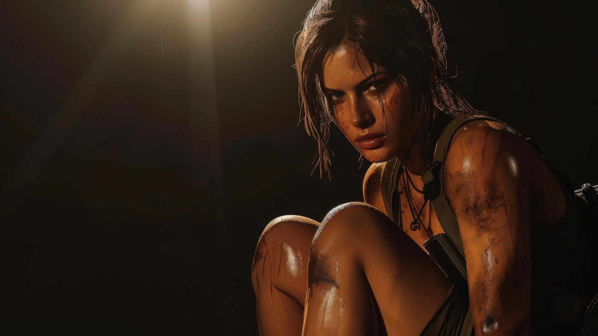 Isolated shot of Lara Croft in a dynamic pose with a spotlight effect on a dark background.