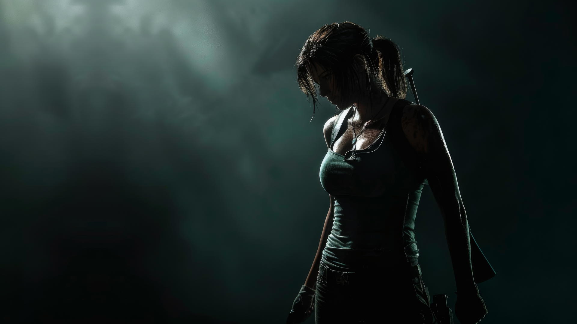 Lara Croft in a dynamic pose under a spotlight with a dark background