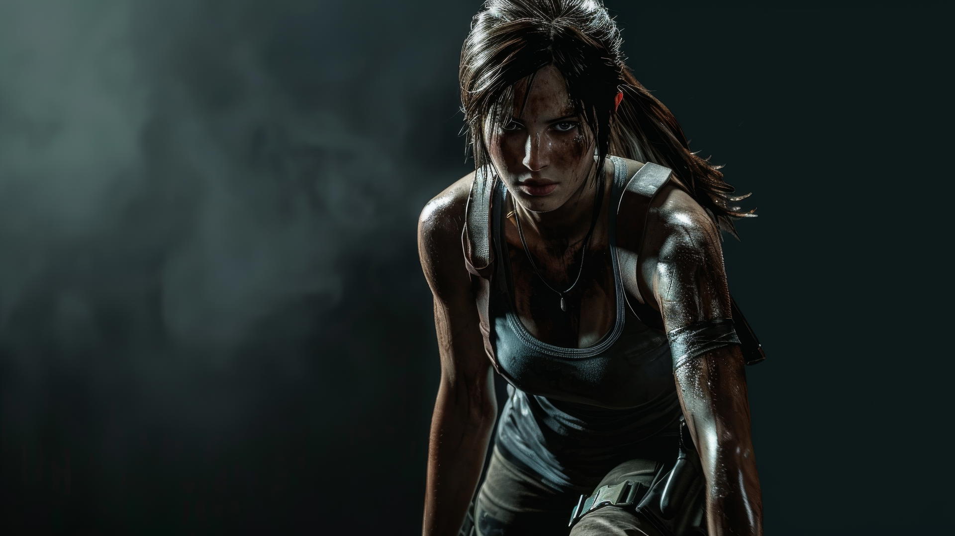 Lara Croft in spotlight with a dark background, highlighting her dynamic pose and thigh.