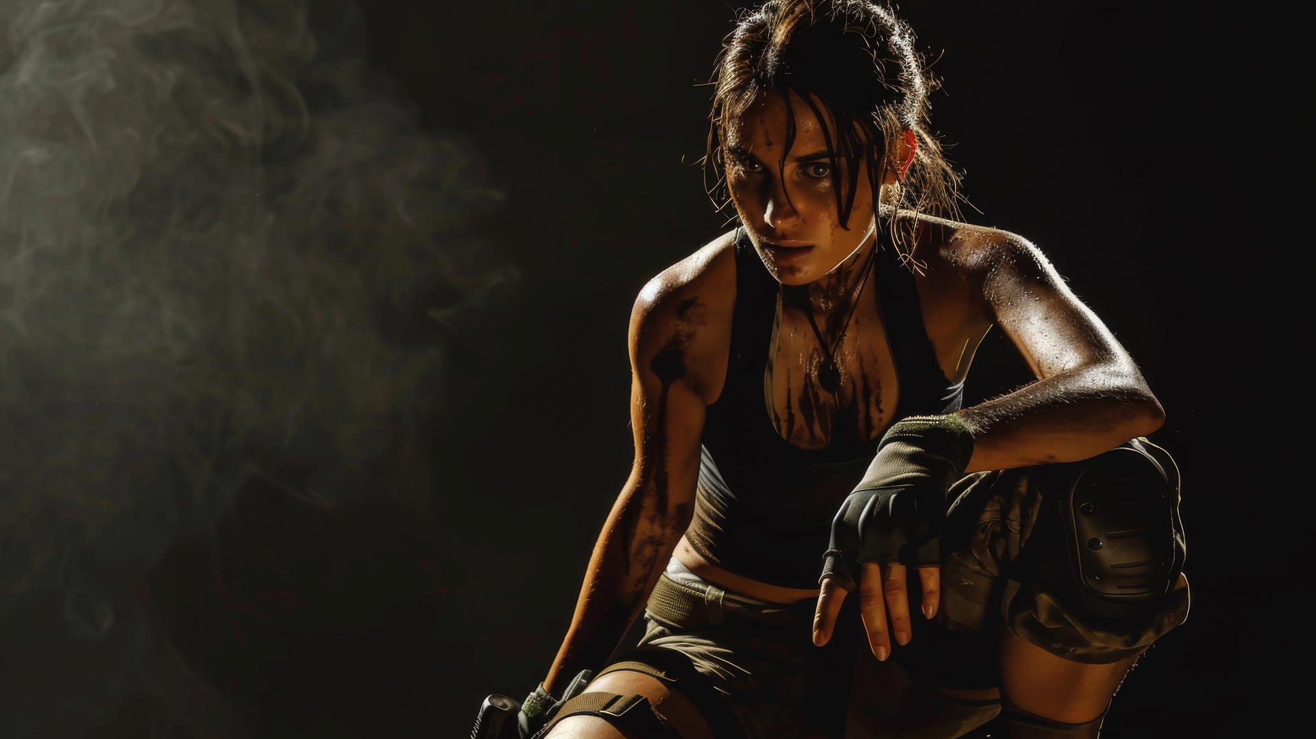 Lara Croft in dynamic pose with thigh highlighted, spotlight effect on dark background