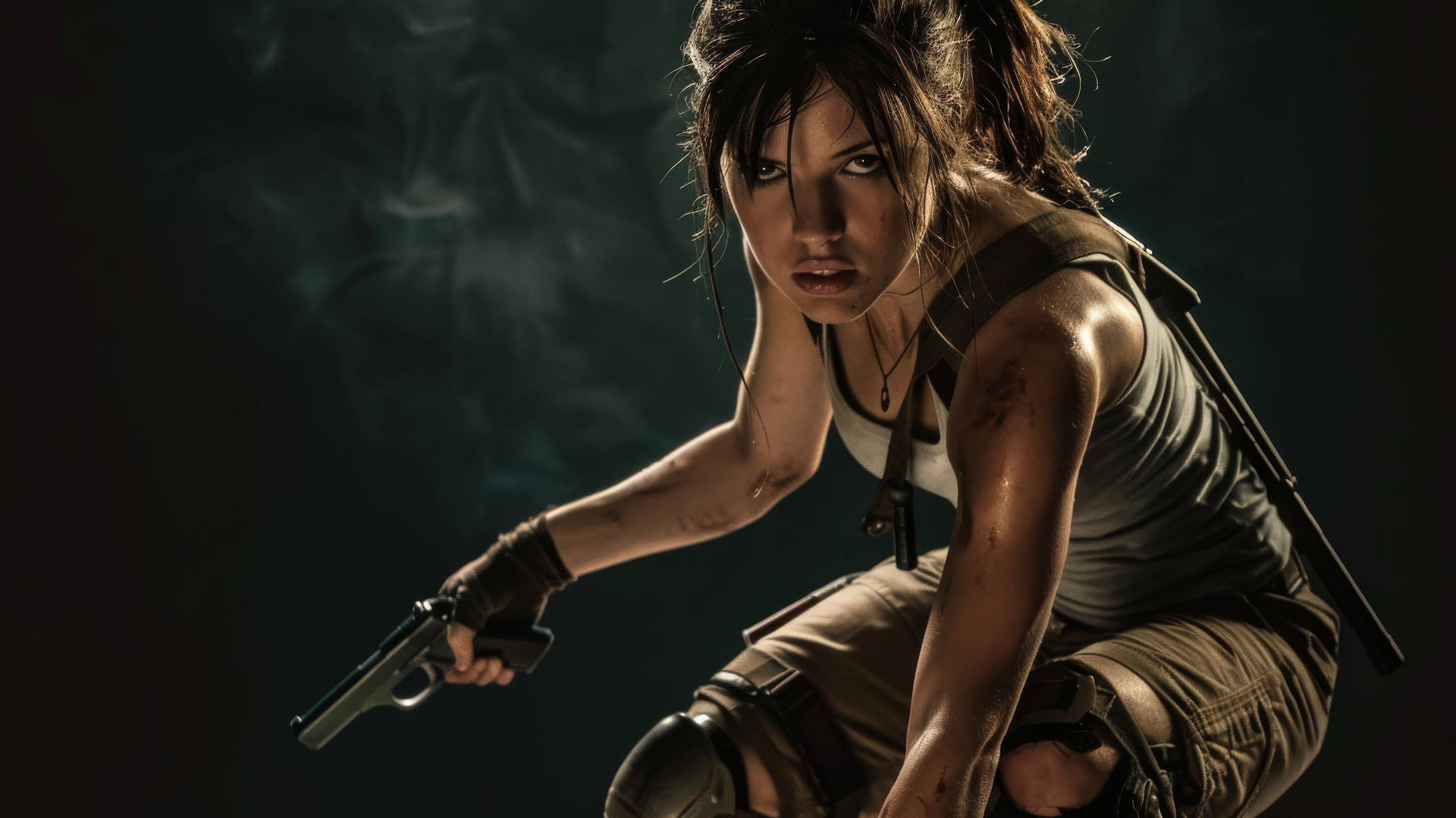 Lara Croft in a dynamic pose with spotlight on a dark background