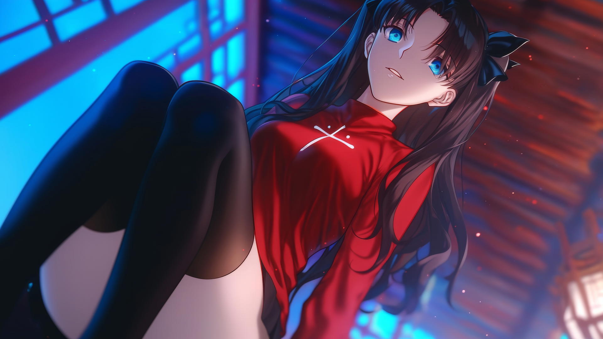 Rin Tohsaka from Fate Stay Night kneeling and leaning forward in warm light