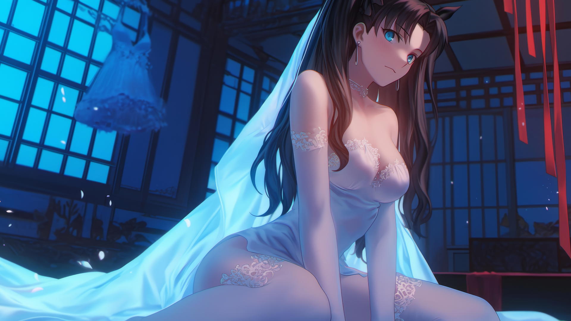Rin Tohsaka in a wedding dress kneeling and leaning forward with a soft glow.