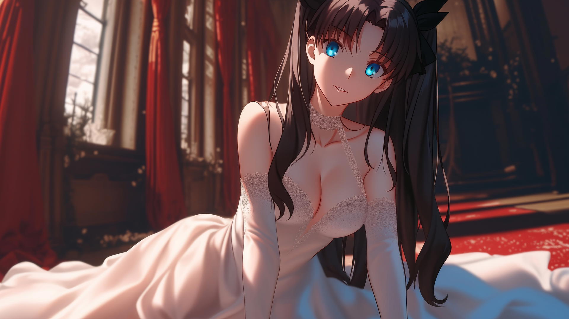 Rin Tohsaka in a wedding dress kneeling, leaning forward with a ceiling background.