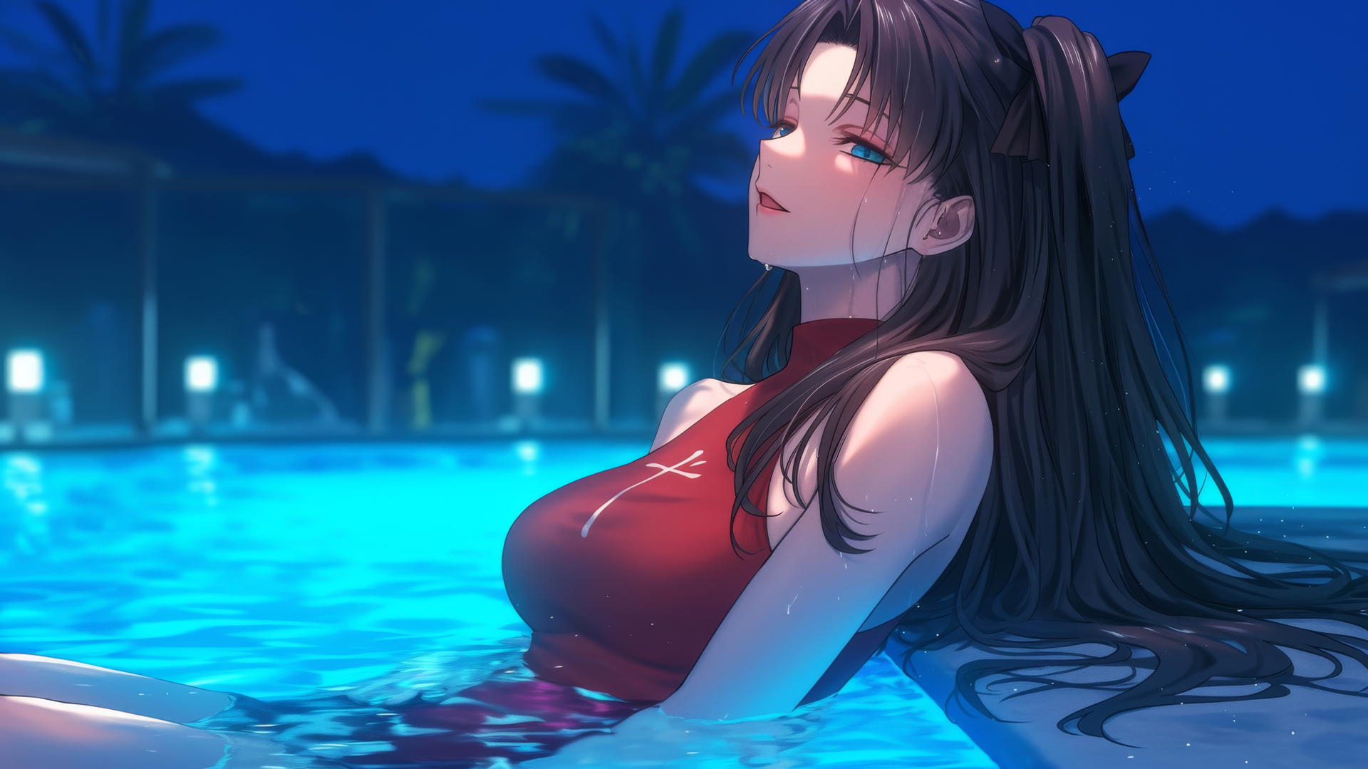 Rin Tohsaka from Fate/stay night resting in a pool under moonlight