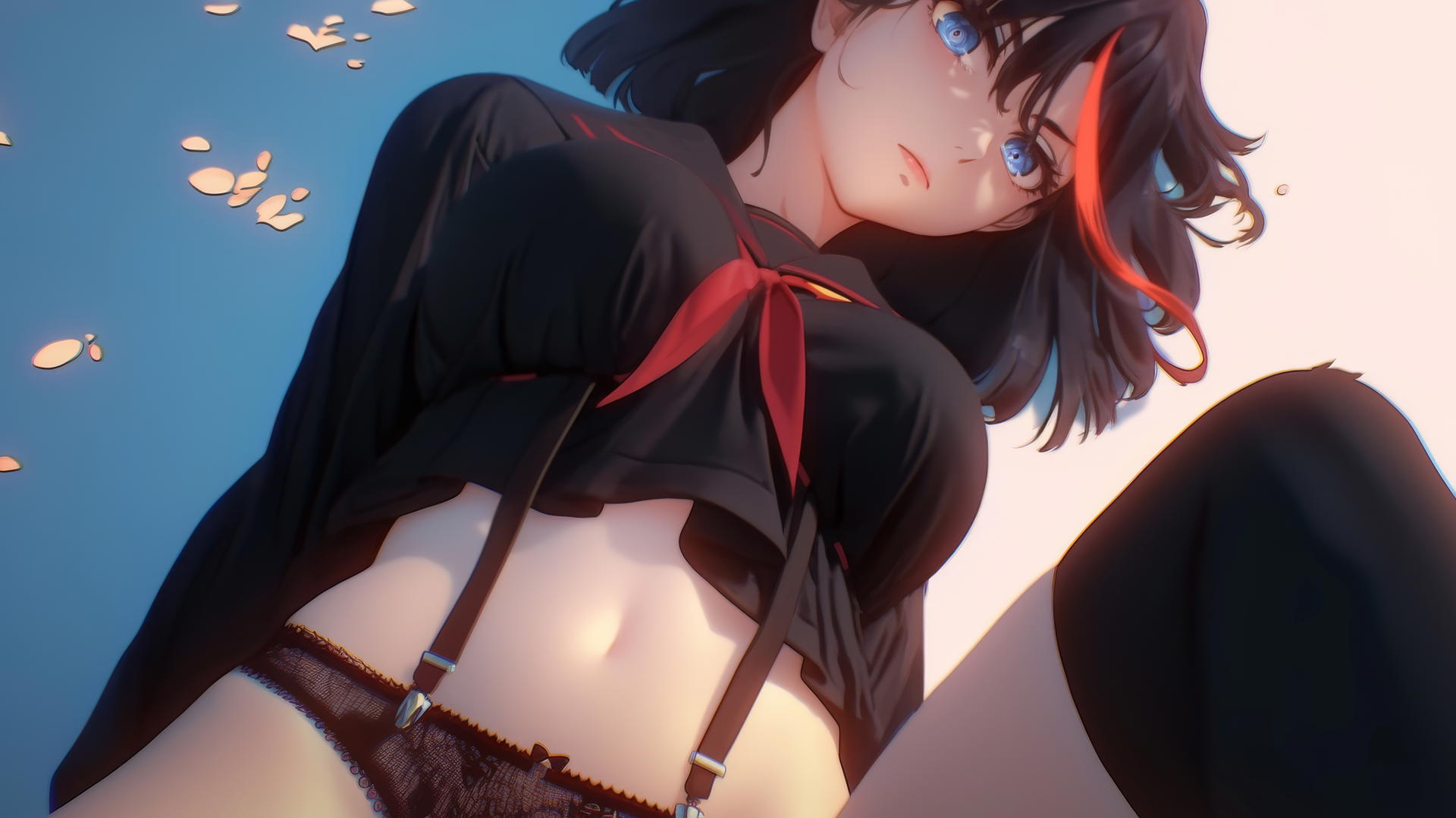 Ryuko Matoi with a red streak in her bangs, leaning and kneeling towards viewer, ceiling in background