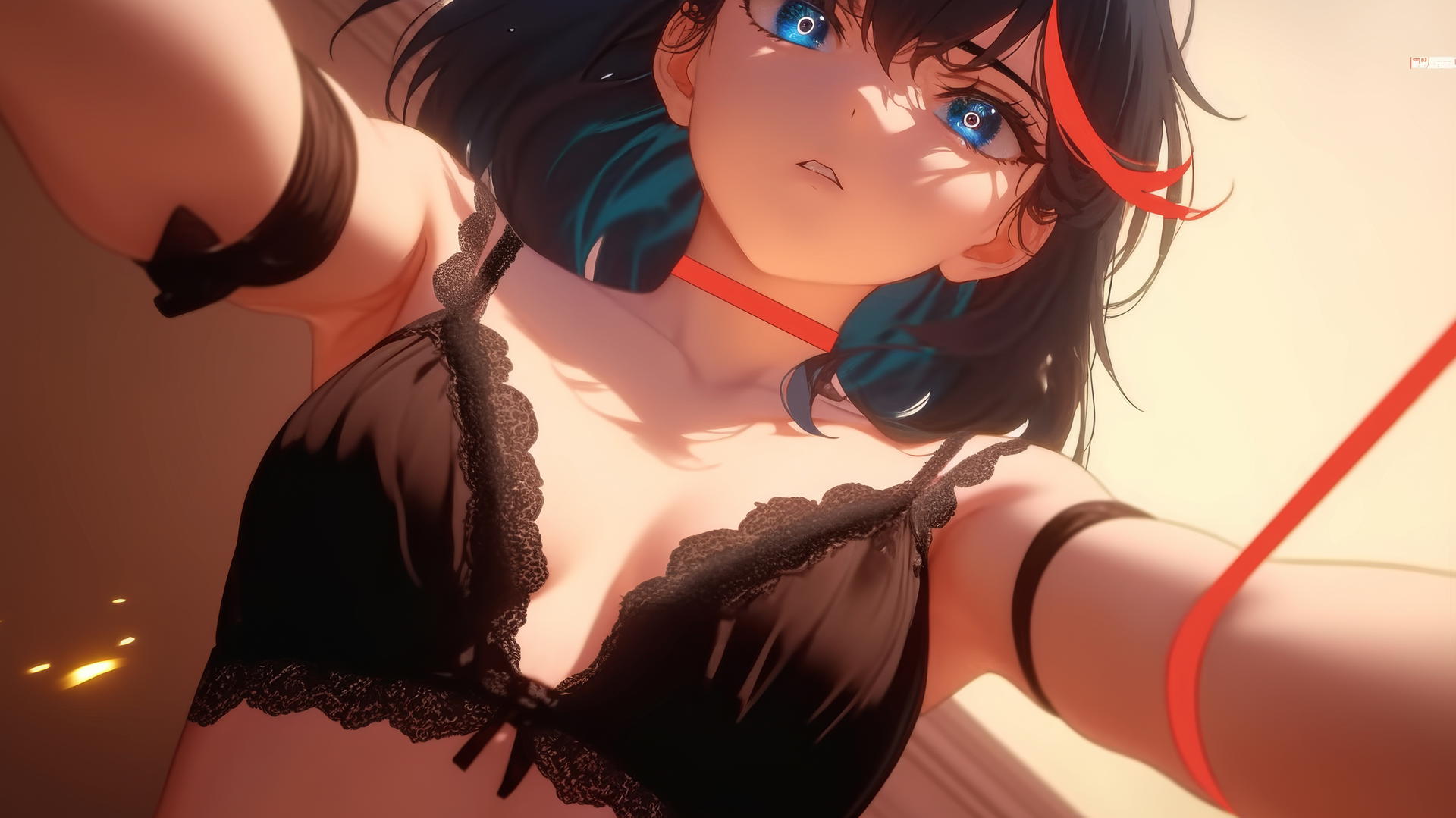 Ryuko Matoi kneeling, mid-length black hair with red streak, blue gear-shaped eyes