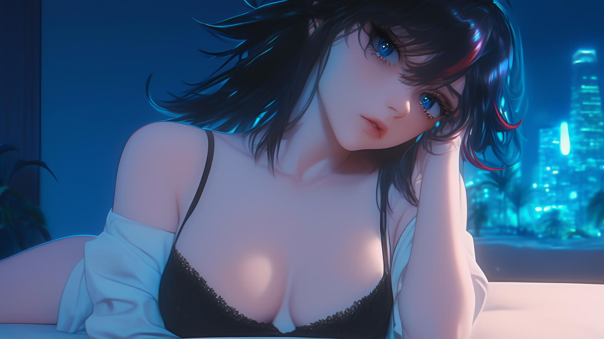Ryuko Matoi with mid-length black feathery hair, red streak, blue eyes with gear-shaped pupils, in modern apartment with neon light.