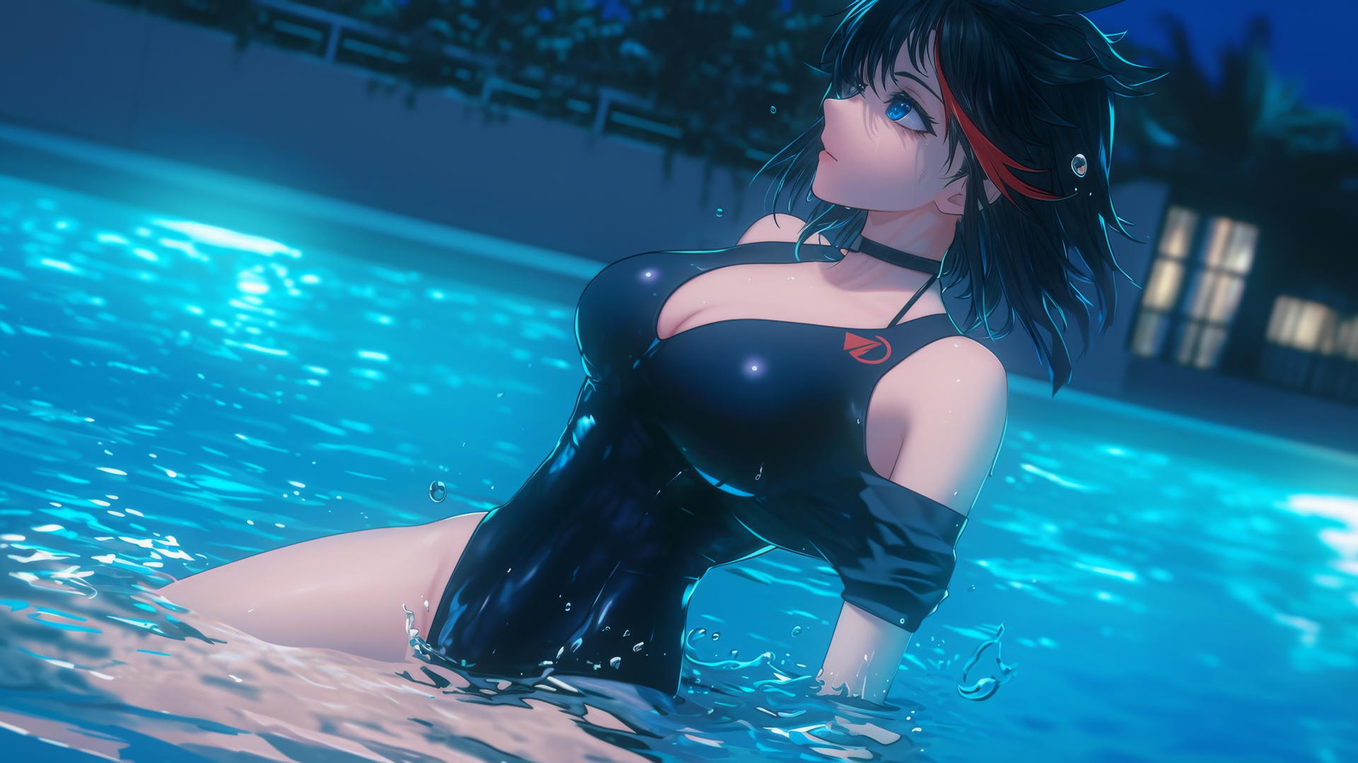 Ryuko Matoi with black hair and red streak, gear-shaped pupils, jumping out of a moonlit swimming pool.