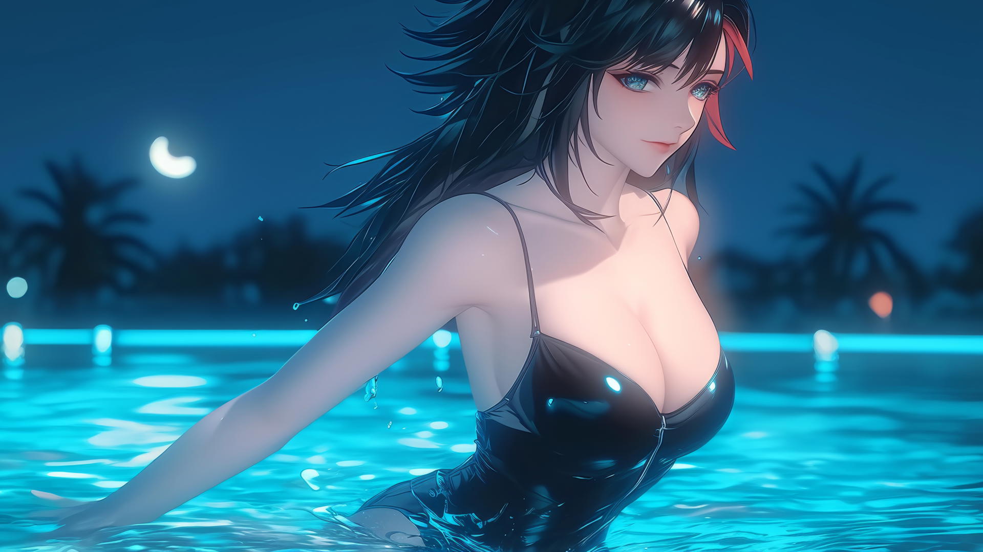 Ryuko Matoi with mid-length black hair and a red streak, blue gear-shaped eyes, leisurely jumping out of a swimming pool at night with moonlight glow.