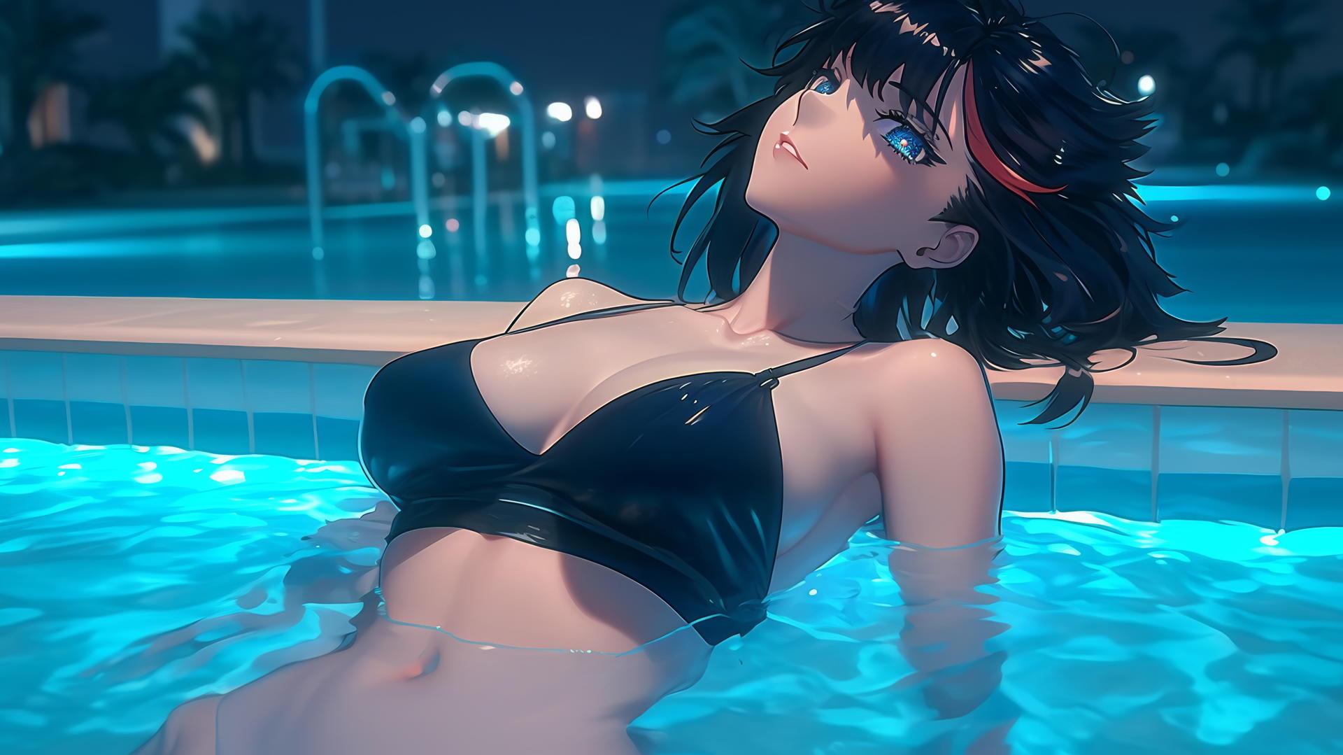 Ryuko Matoi, mid-length black feathery hair with red streak, blue eyes with gear-shaped pupils, resting at a swimming pool under moonlight.