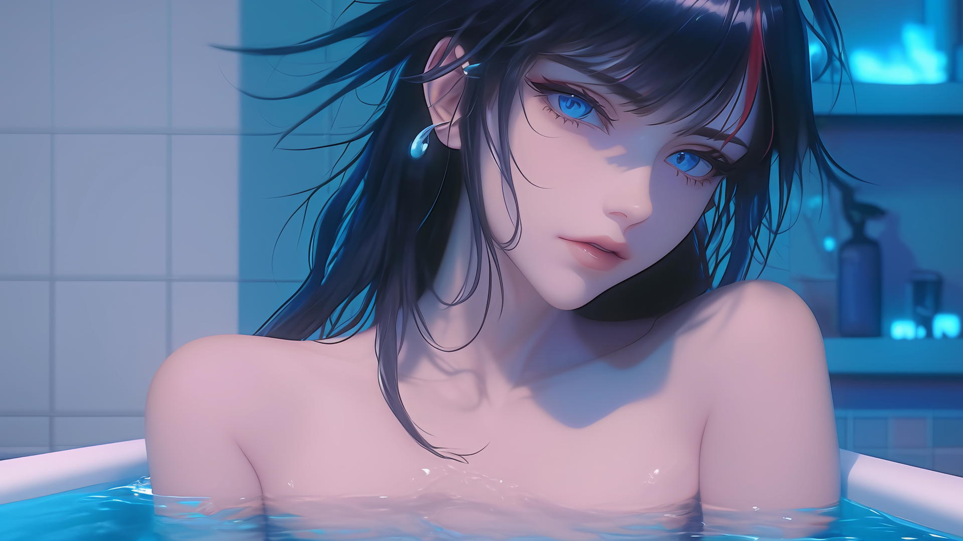 Ryuko Matoi in modern apartment tub with neon light and red hair streak.