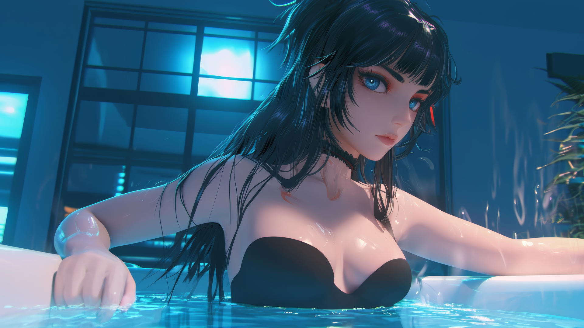 Ryuko Matoi with black feathery hair and a red streak, lounging in a tub with neon light.