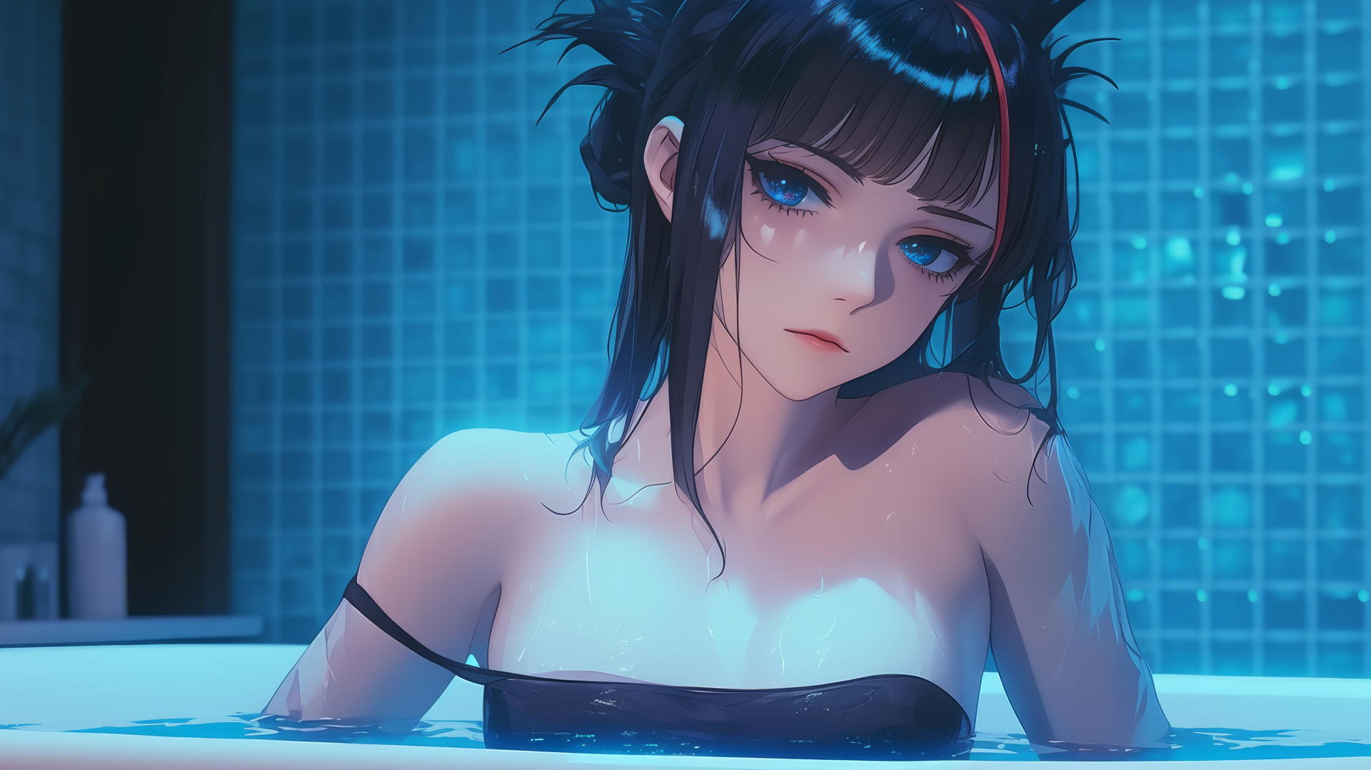 Ryuko Matoi with a red streak in her black hair, blue eyes, resting in a tub with neon light