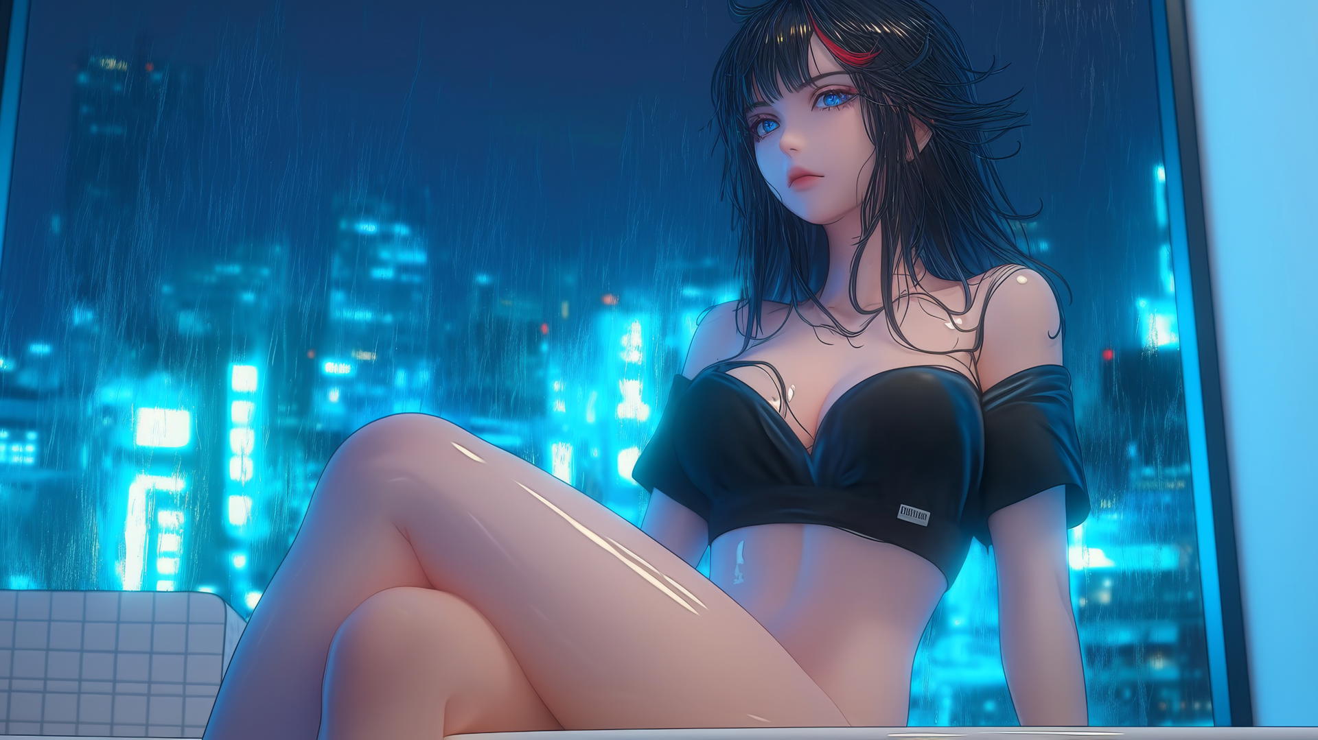 Ryuko Matoi with black hair, red streak, blue eyes with gear-shaped pupils, in a modern tub with neon light.