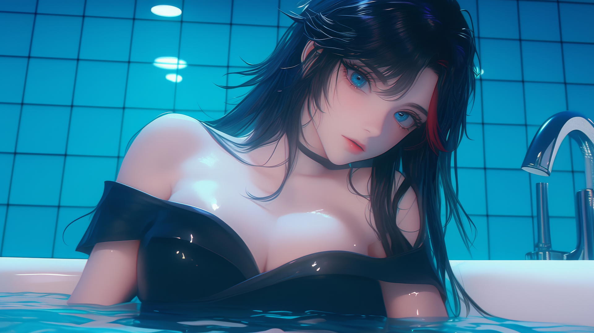 Ryuko Matoi with a red streak in her hair, blue eyes with gear-shaped pupils, resting in a tub under neon light.