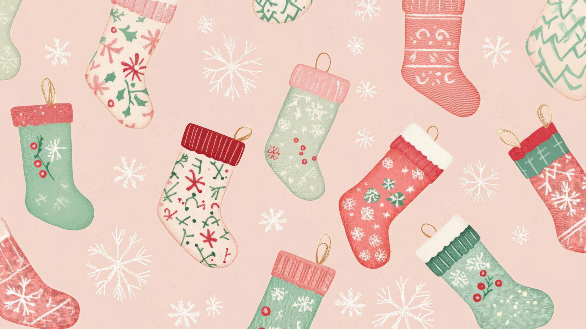 preppy Christmas wallpaper with stockings and snowflakes in pastel colors on a soft pink background