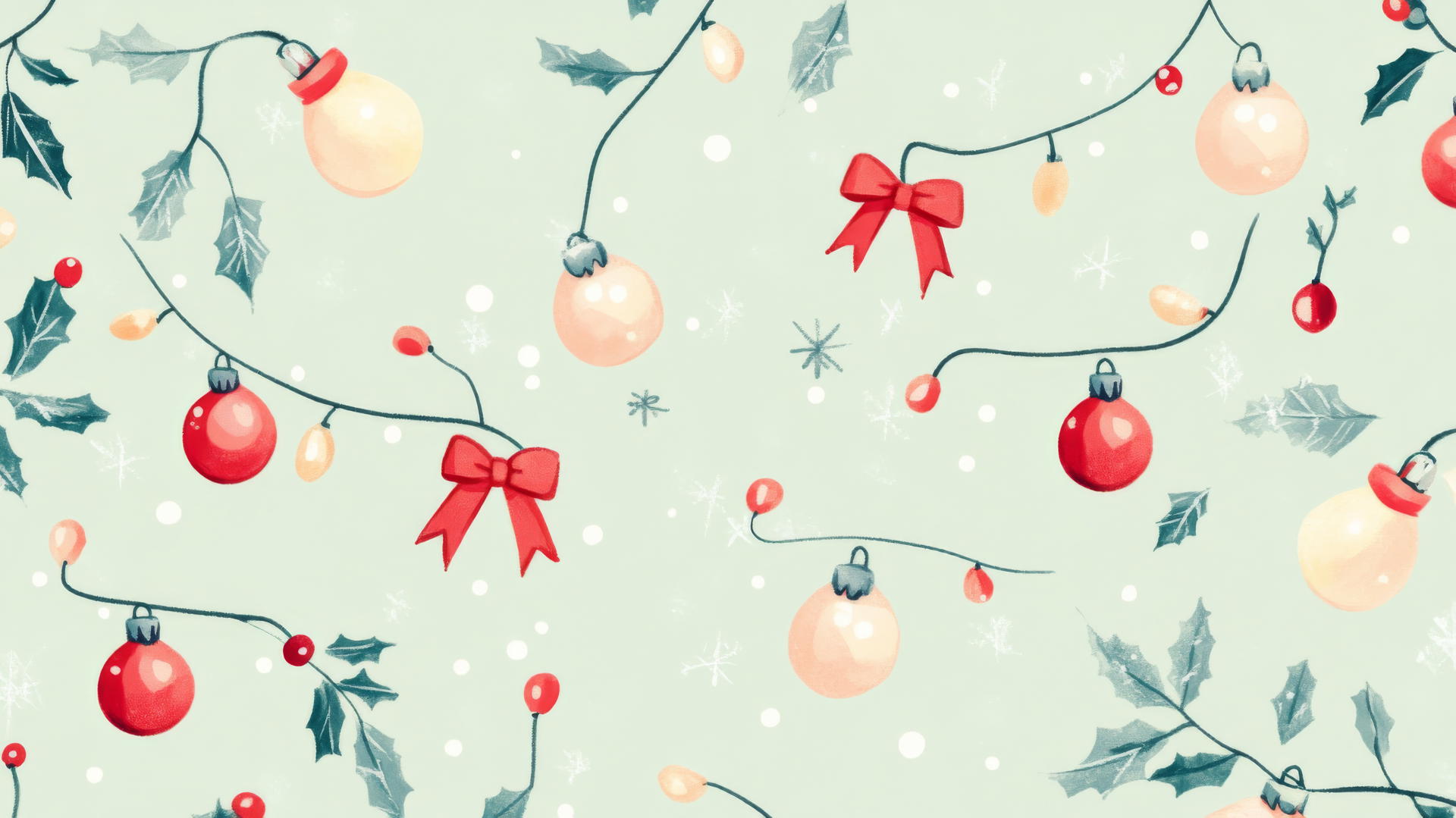 cute preppy Christmas wallpaper with lights, baubles, and bows on mint background