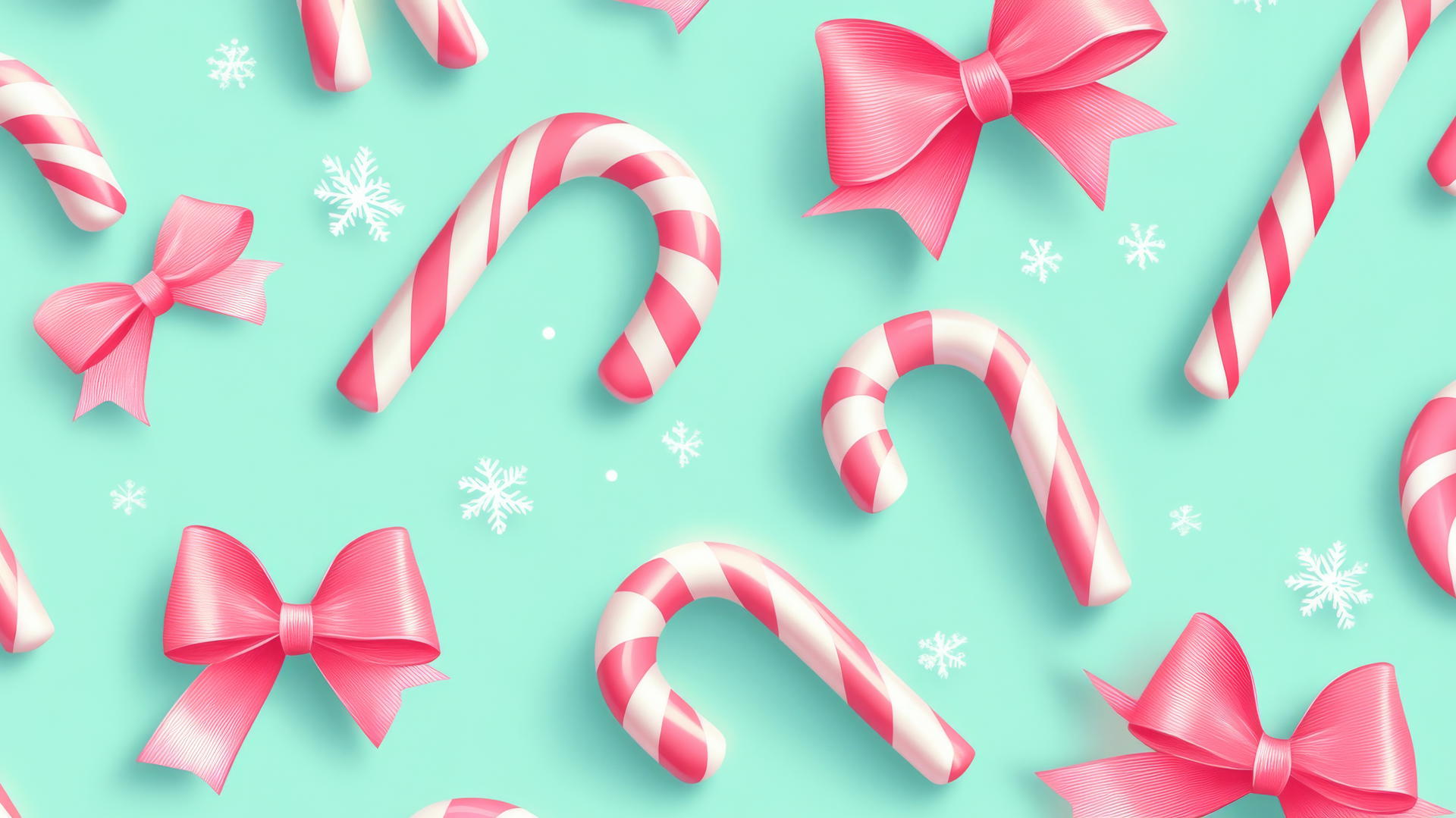 Cute preppy Christmas wallpaper with candy canes, pink ribbons, and bows on mint green