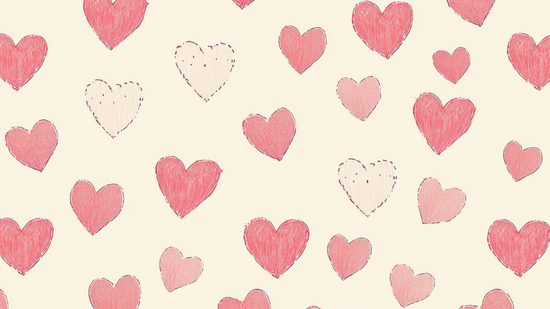 seamless pattern of pink hearts on cream background with hand-drawn details, preppy wallpaper