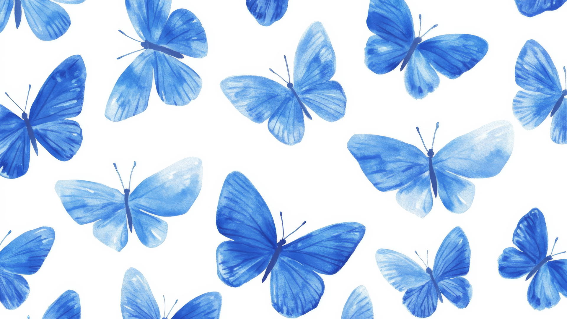 preppy wallpaper with small blue butterflies on a white background in a cute hand-drawn style