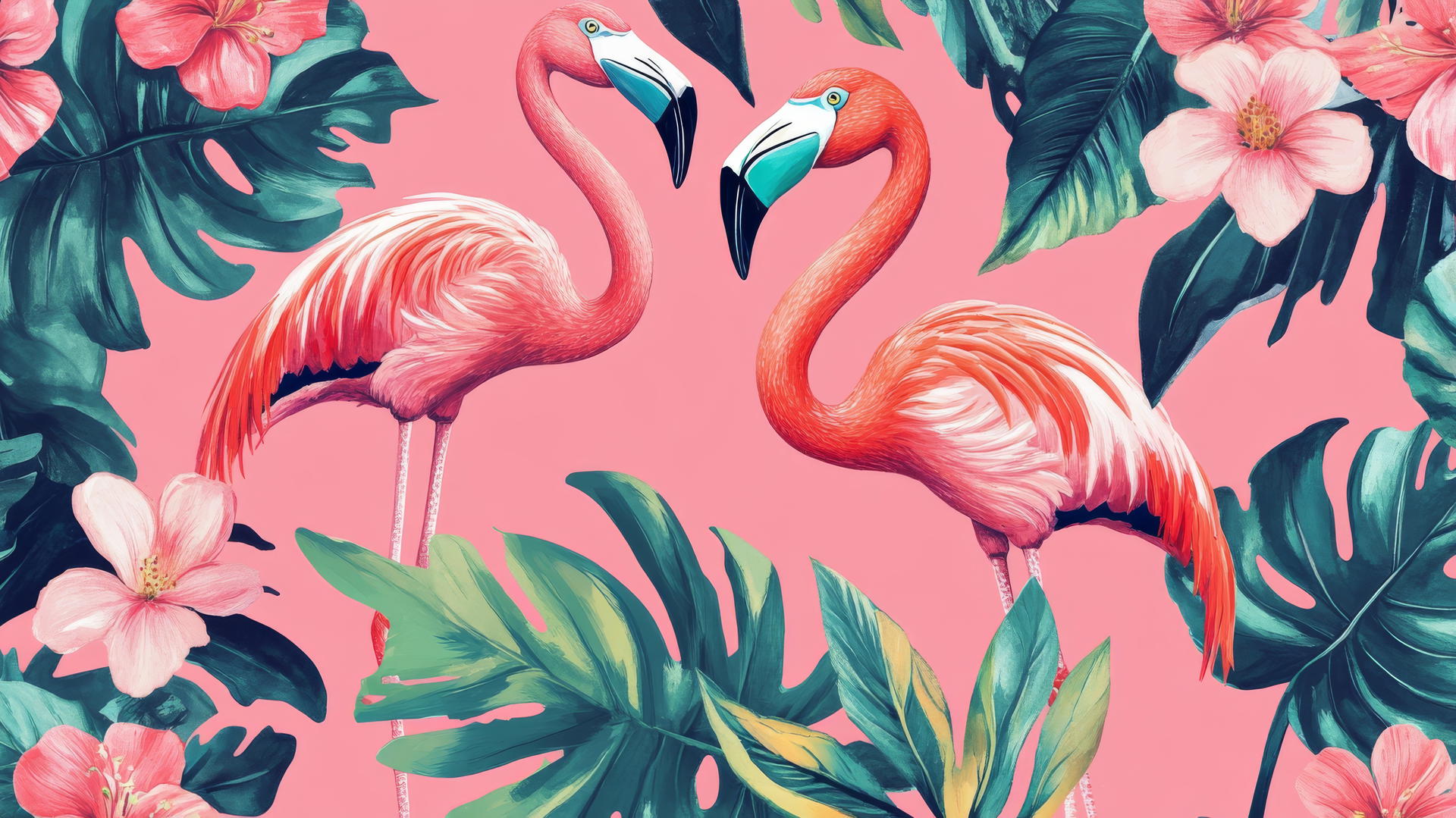 preppy pink wallpaper with pink flamingos, toucans, and tropical flowers