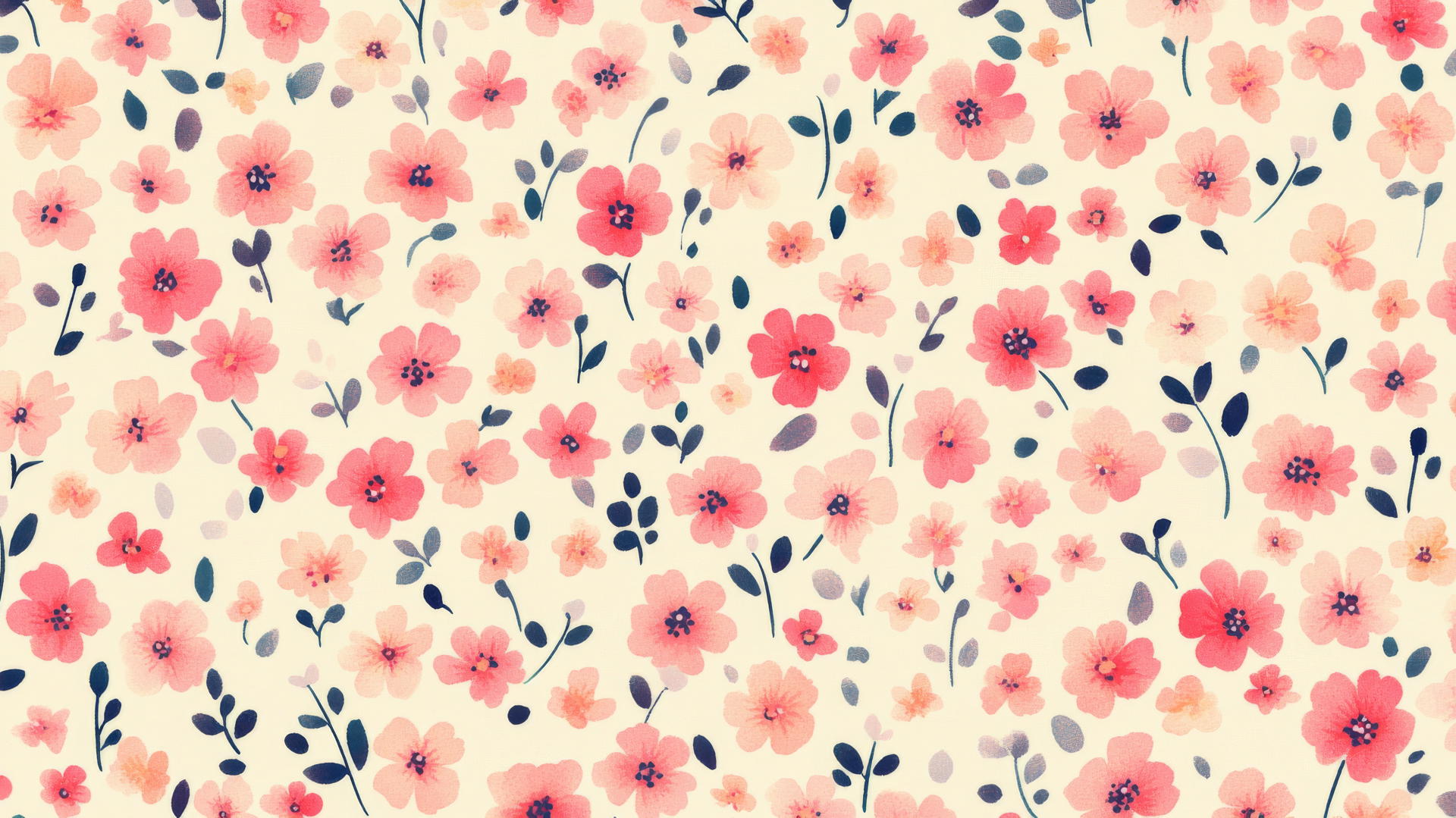 Preppy pink wallpaper with small, colorful pink flowers in pastel on cream background