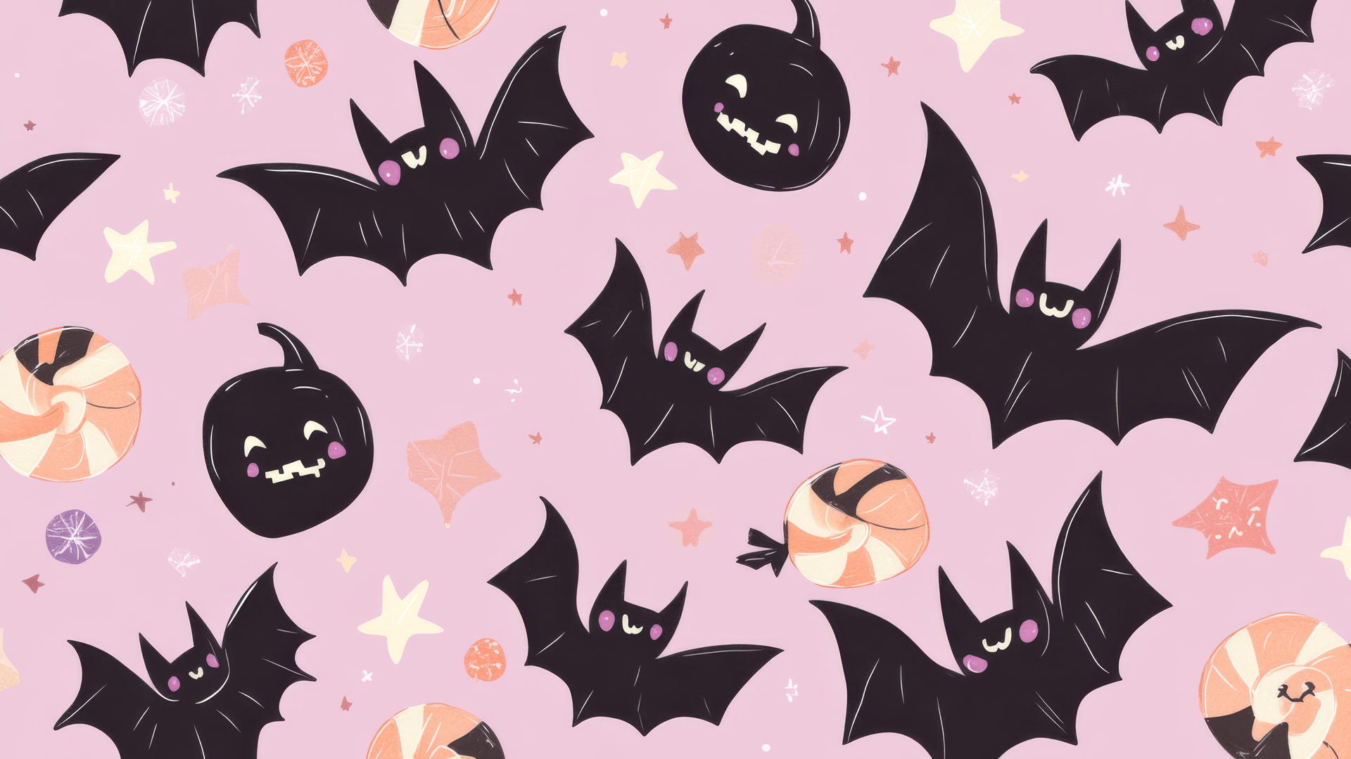 preppy wallpaper halloween with friendly bats, candy, and stars on pastel lilac background