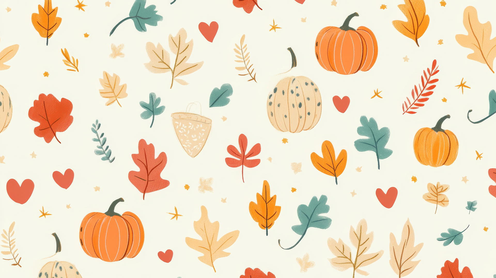 preppy autumn wallpaper with hand-drawn foliage, pumpkins, cozy blankets, hearts, and stars