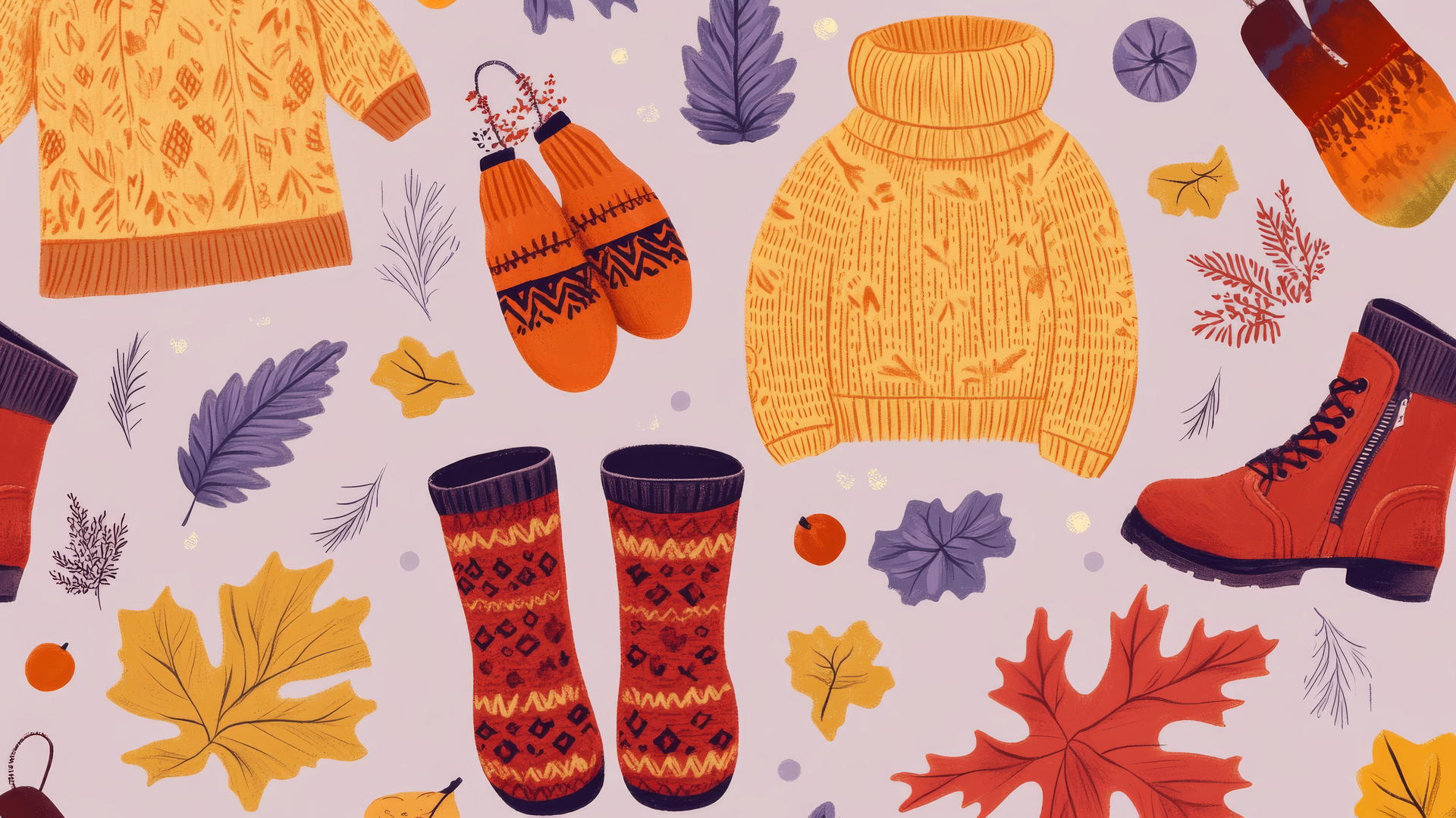 Preppy autumn wallpaper with cozy sweaters and boots pattern