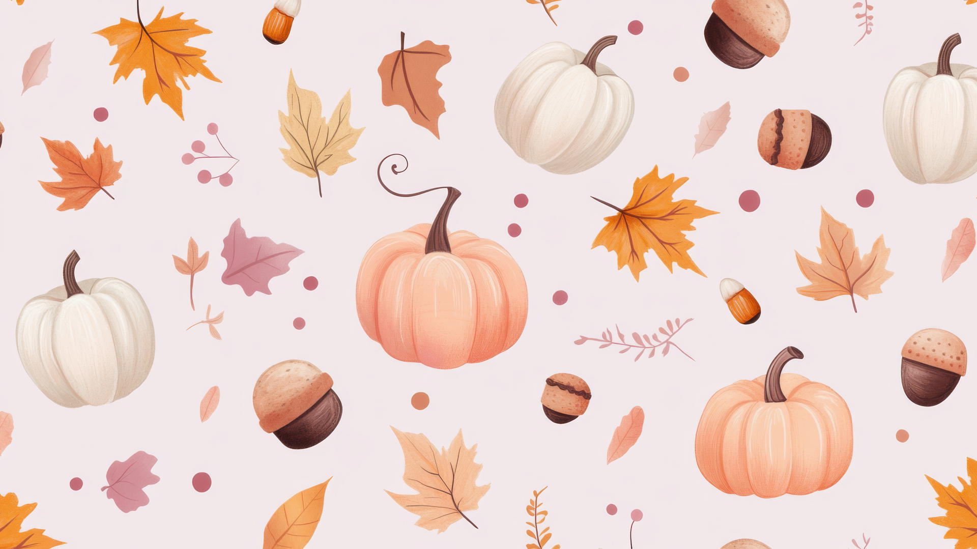 Preppy fall wallpaper with cute pastel pumpkins, acorns, and fall leaves on lavender background