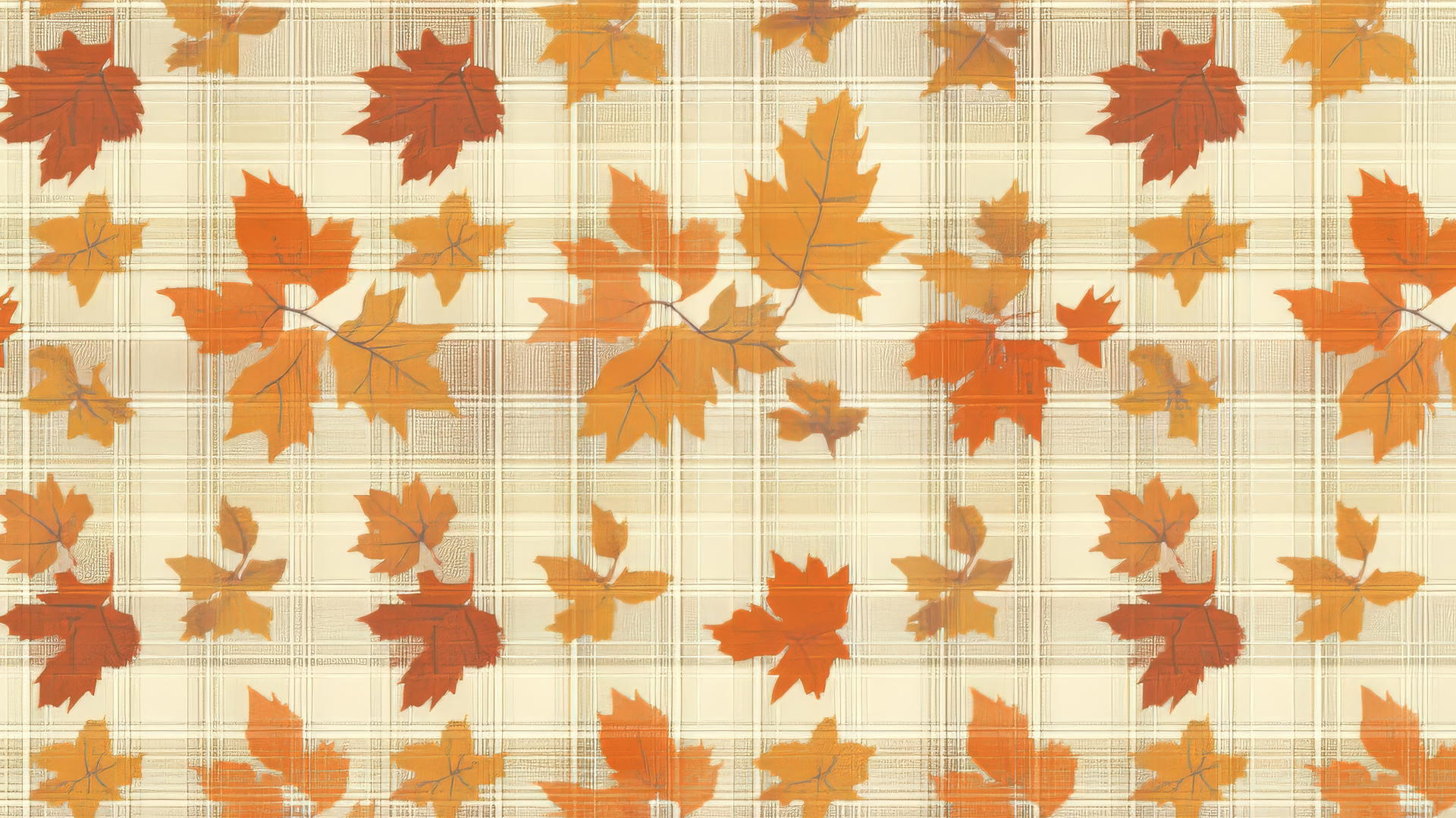 preppy fall wallpaper with plaid pattern and scattered autumn leaves