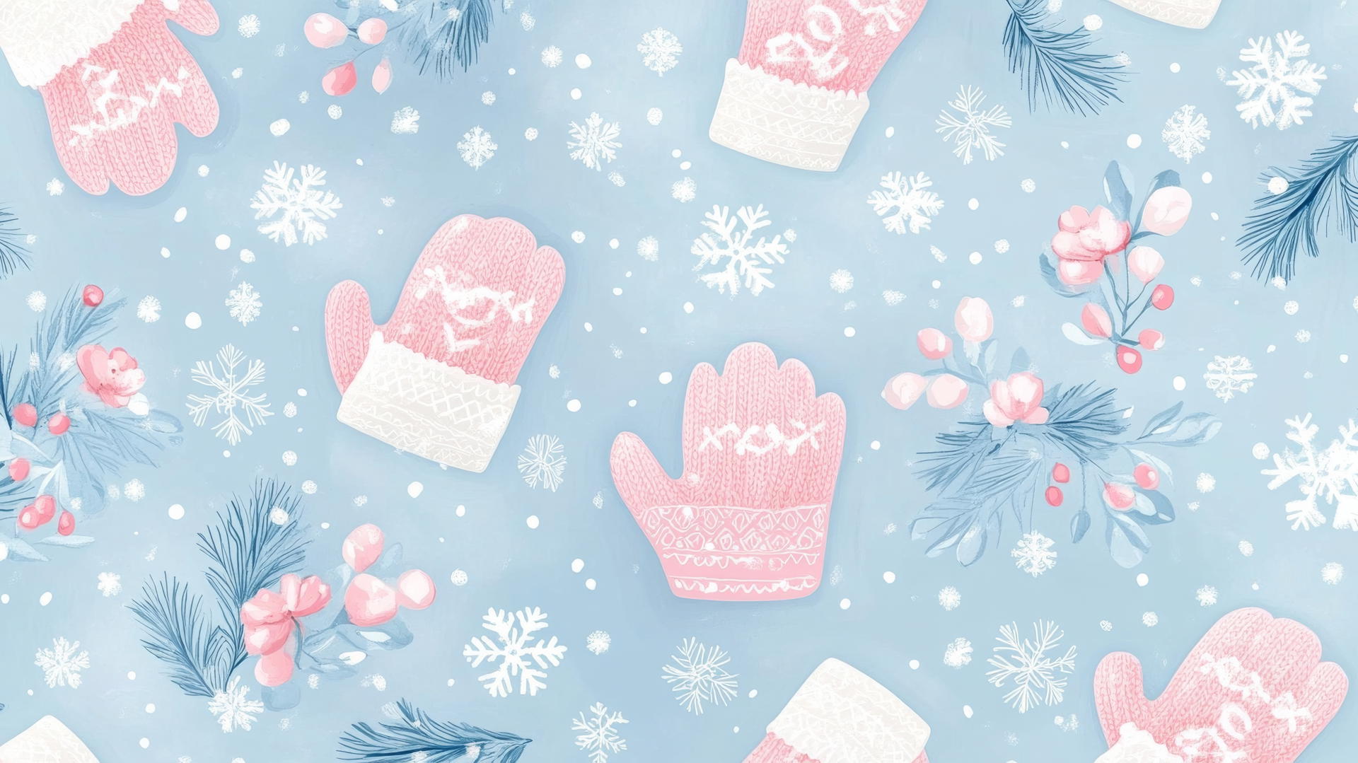 Preppy winter wallpaper with snowflakes, pink mittens, and pastel flowers on light blue