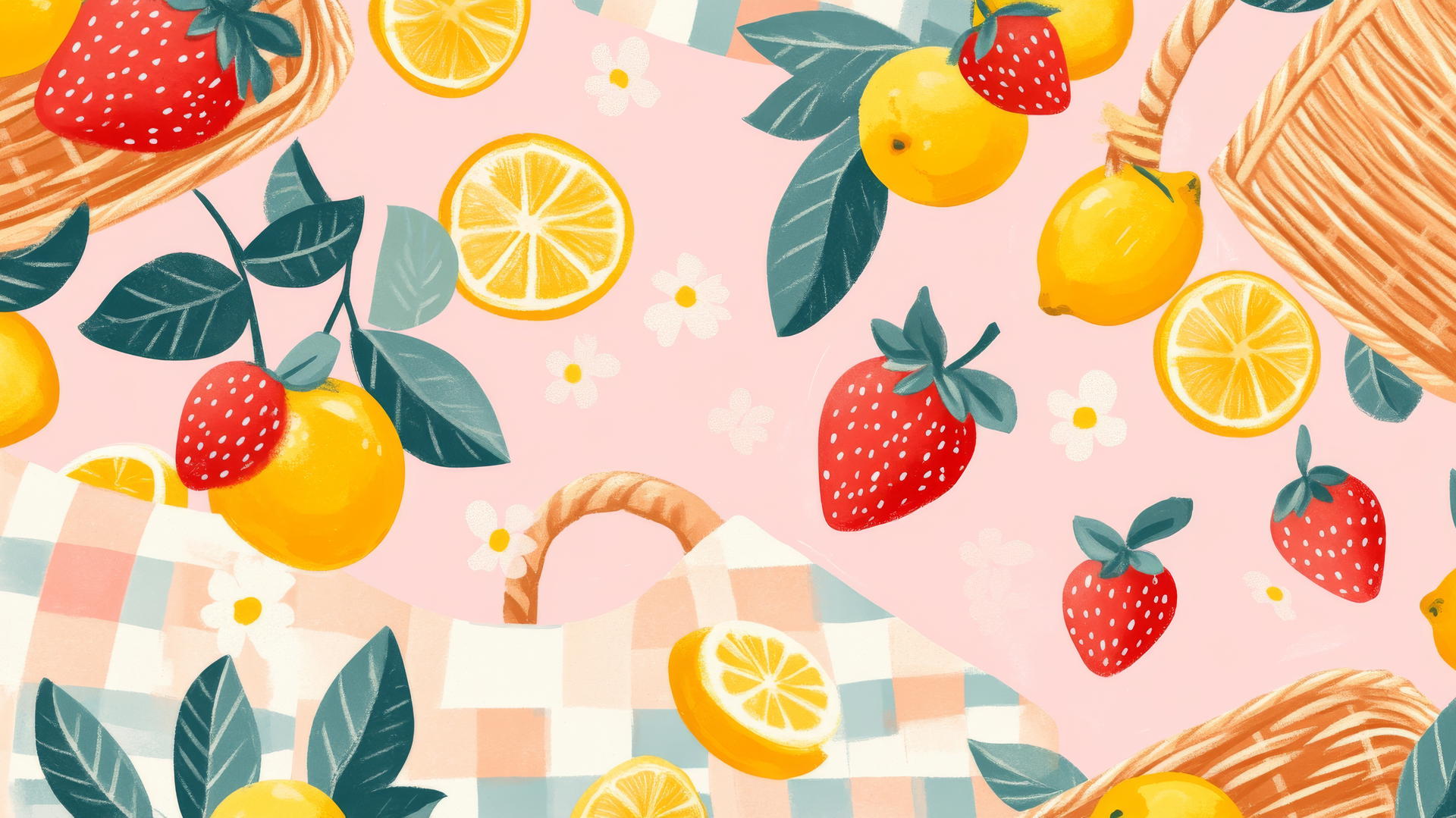 preppy spring wallpaper with picnic baskets, gingham blankets, strawberries, and lemons on a pastel pink background