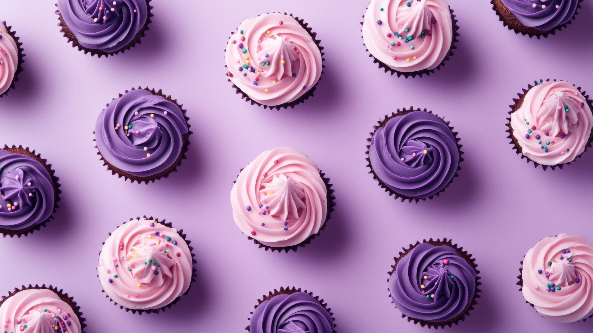 Preppy purple wallpaper with playful purple and pink cartoon cupcakes on a pastel purple background