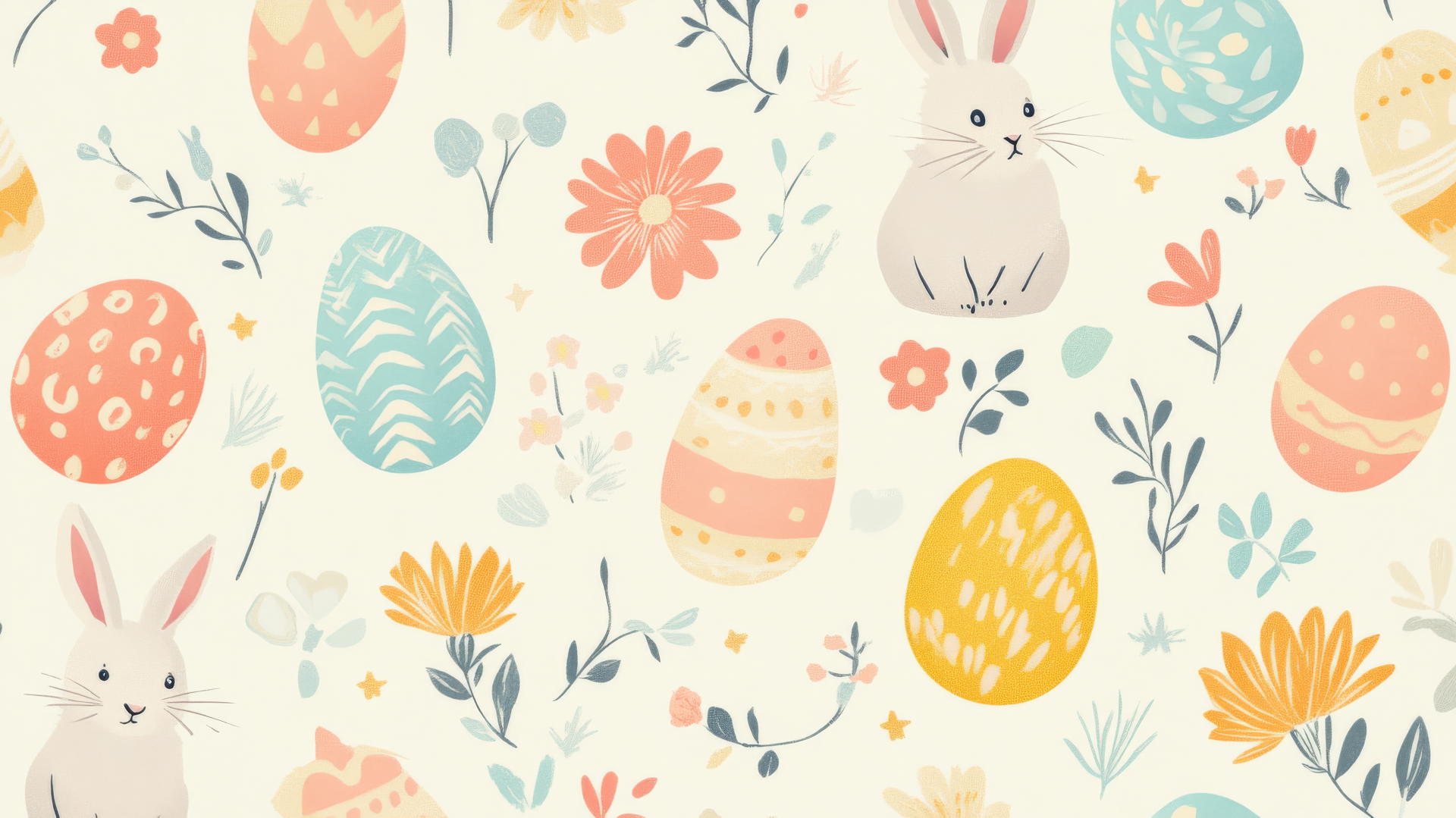 preppy easter wallpaper with retro-inspired ornaments of eggs, bunnies, and flowers in pastel tones