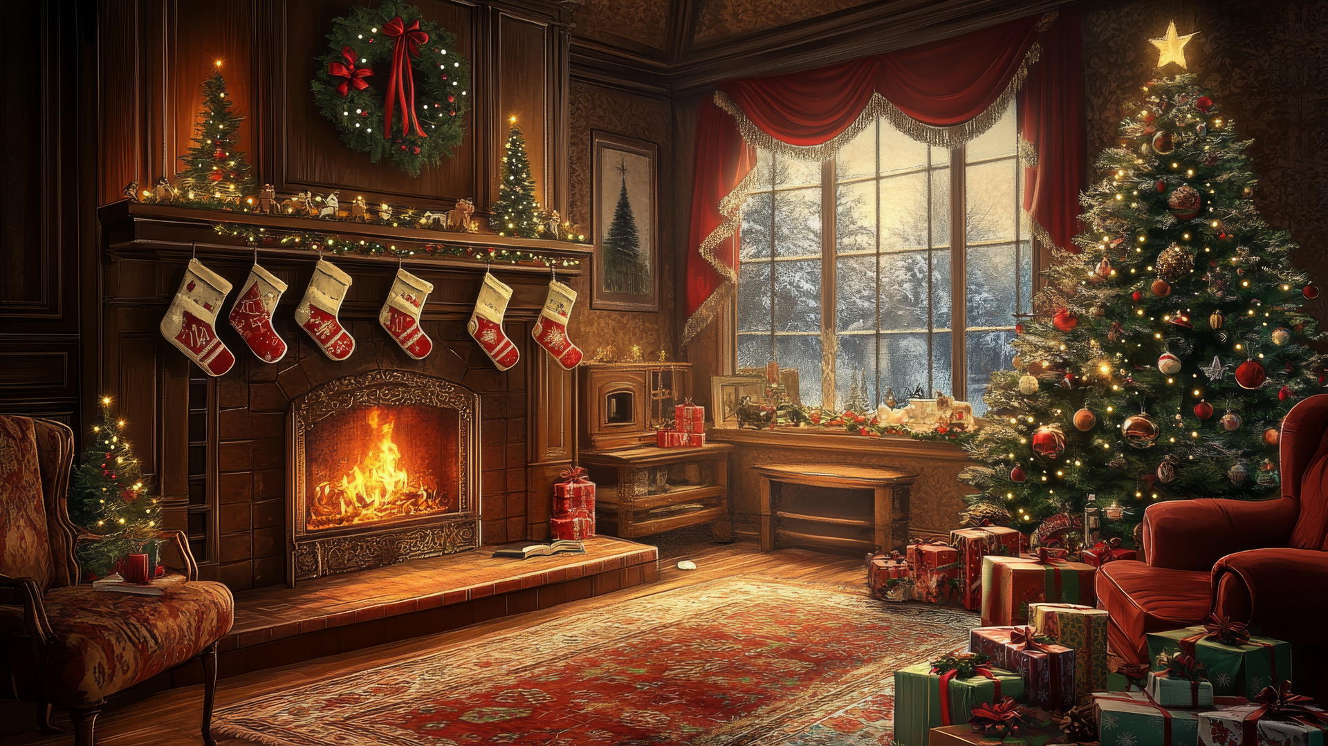Cute wallpapers for Christmas: cozy living room with fireplace and tree